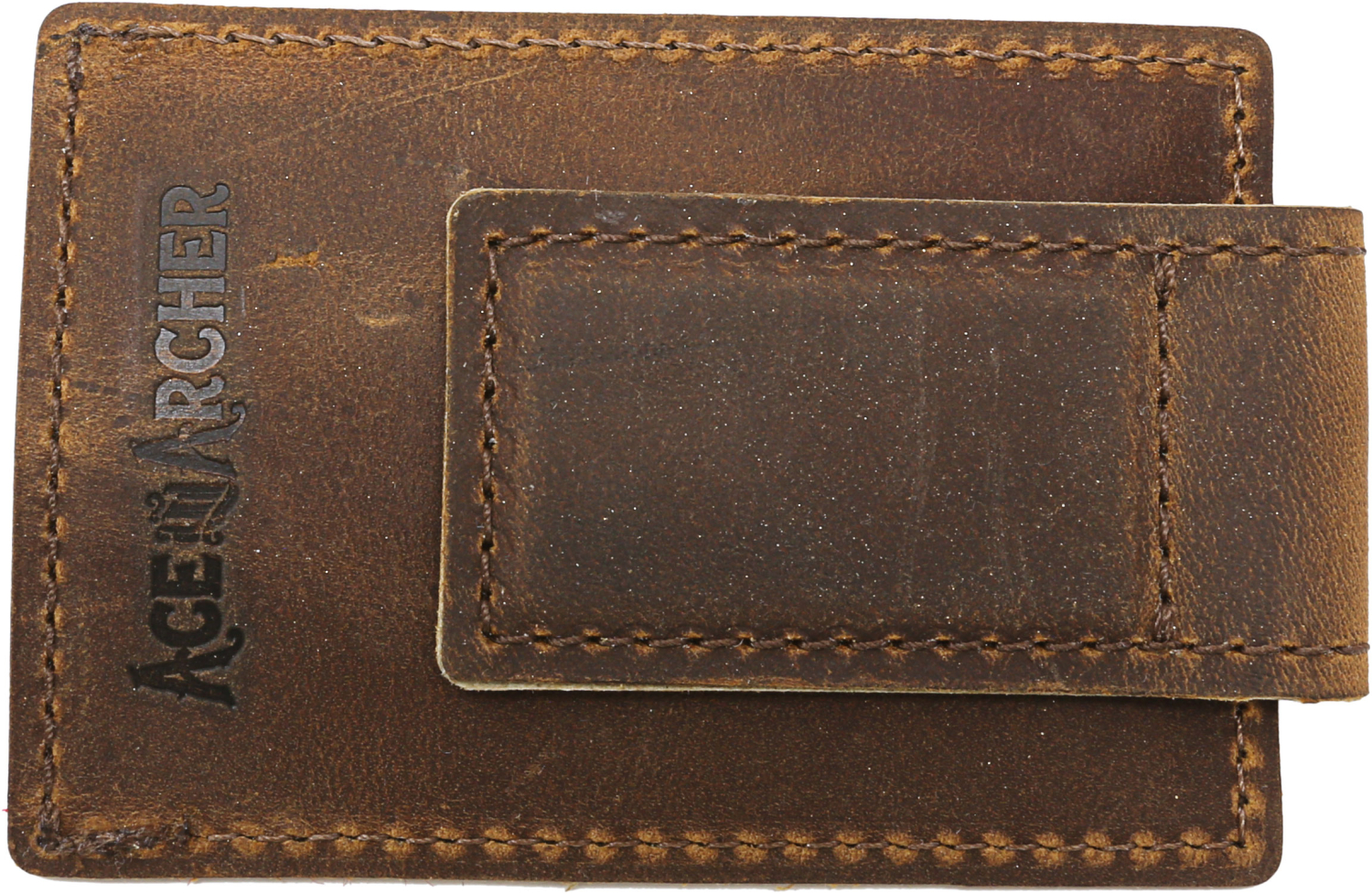 Money Clip with Card Slot, Brown Leather and Magnetic Closure - Brown